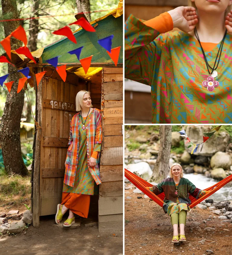 A collage of women photographed in different locations, wearing ikat-woven clothes from Gudrun Sjödén’s 2026 Spring collection.