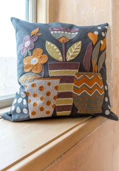 “Flower Pots” embroidered cushion cover in organic cotton - dark ash grey