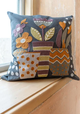 “Flower Pots�” embroidered cushion cover in organic cotton - dark ash grey