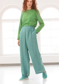 “Vera” woven pants in linen - teal/patterned