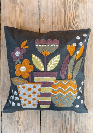 “Flower pots” embroidered organic cotton cushion cover - dark ash grey