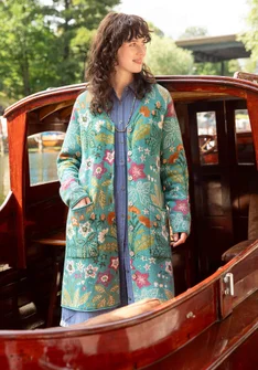 Long gilet "Millefiori" en laine/coton biologique - bleu canard