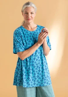 “June” jersey tunic in organic cotton - lagoon blue/patterned