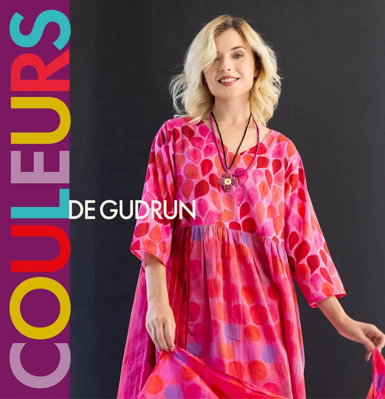 A collage of photos of women wearing colourful clothes from Gudrun Sjödén.