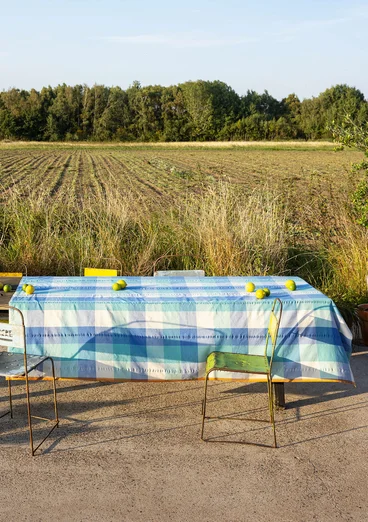 “Trellis” tablecloth in organic cotton - sea blue