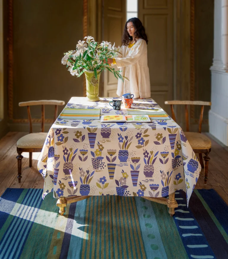 “Flower Pots” waxed tablecloth in organic cotton