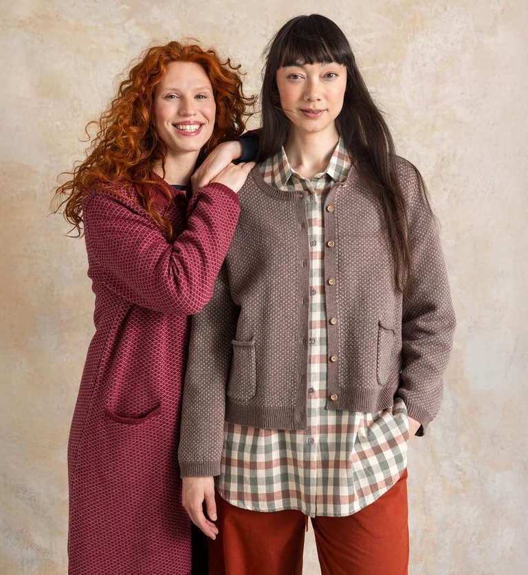 Two women standing next to each other wearing essentials from Gudrun Sjödén.
