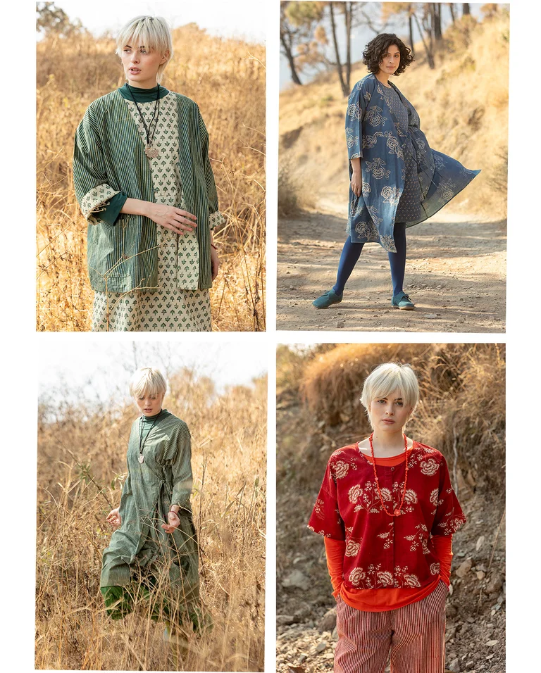 A collage with a row of five pictures of women wearing clothes from Gudrun Sjödén’s “Natural dyes” collection.