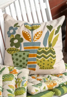 “Flower pots” embroidered organic cotton cushion cover - leaf green
