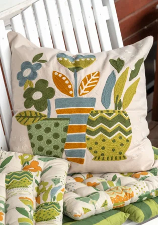 “Flower pots�” embroidered organic cotton cushion cover - leaf green