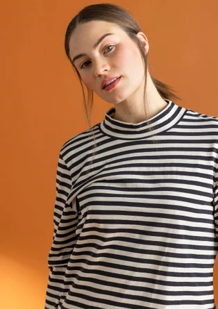 Striped organic cotton mock neck top - black/feather