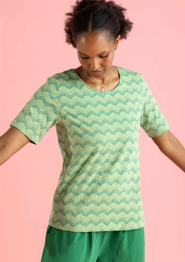 “Eleonora” jersey top in organic cotton/spandex - pea green/patterned