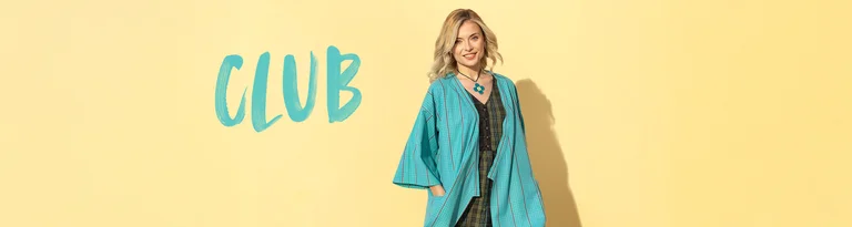 A woman in a turquoise patterned kimono and a flower necklace stands in front of a light yellow background. Next to her, the word "CLUB" is written in large turquoise letters.