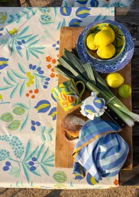 “Olives” organic cotton tablecloth - sea blue