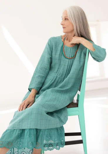 “Vera” woven dress in linen - teal/patterned