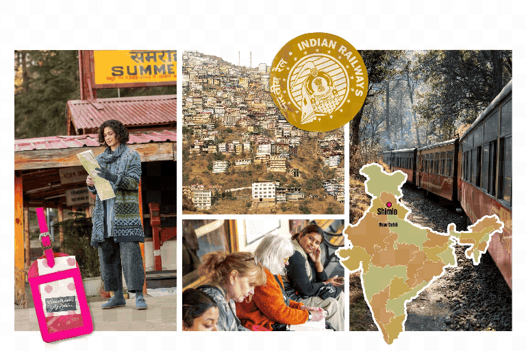 A collage of pictures of trains, outdoor settings in India, models wearing clothes from Gudrun Sjödén and various standout, graphic elements.