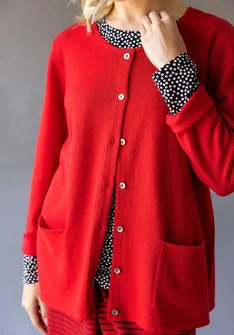 “Sylvi” striped and solid-colour organic cotton/wool cardigan - amaryllis