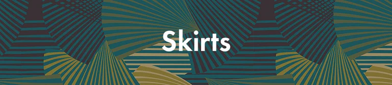 A blue, green and yellow pattern with the word “Skirts” in white.