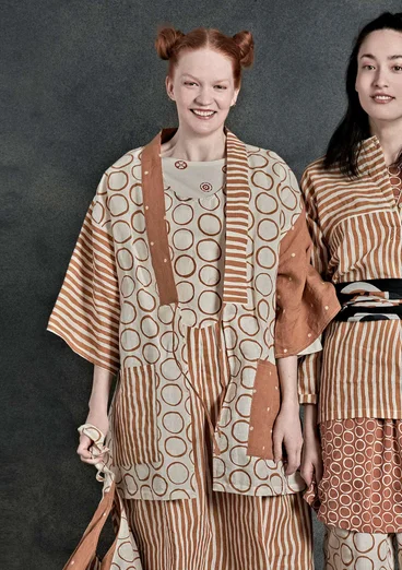  Kimono "Matsumoto" en lin/coton - écru/sienne brûlé