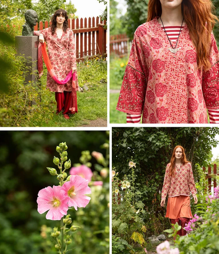 A collage of women wearing patterned clothes from Gudrun Sjödén’s Spring collection.