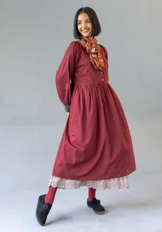 “Leah” floral/solid-colour, airy organic cotton dress - dark agate red