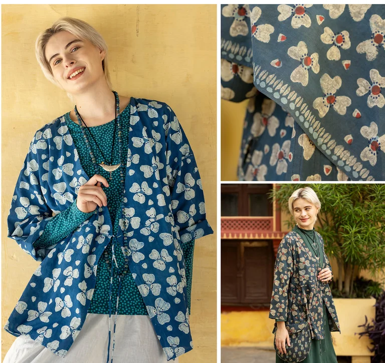 A collage of women wearing block-printed clothing in shades of blue from Gudrun Sjödén. The collage also contains close-up shots of a matching bag and patterned fabric.