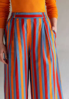 “1964” patterned pants in organic cotton - flax blue