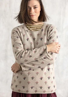 “Tove” organic/recycled cotton favourite sweater - dark natural melange/patterned