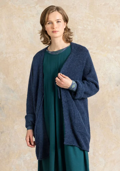Long cardigan in a fluffy alpaca blend - ink blue/melange