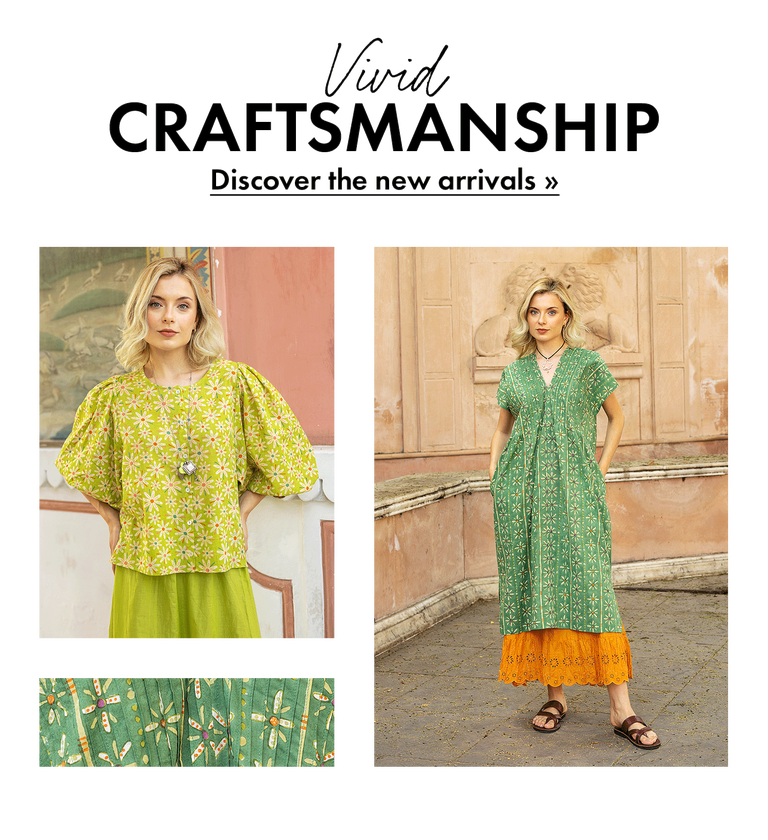 A collage of women wearing clothes in shades of green from Gudrun Sjödén’s 2026 High Summer collection.
