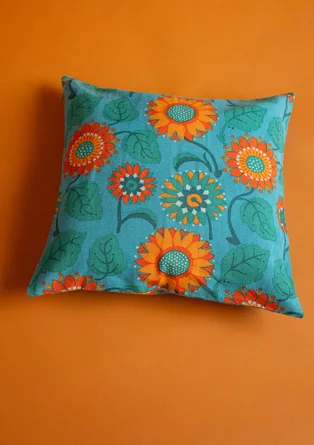 Housse de coussin « Sunflower » en coton biologique/lin - turquoise