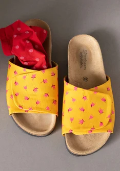 “Amber” digital print fabric sandals - gold ochre
