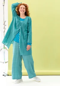 “Vera” woven linen trousers - teal/patterned