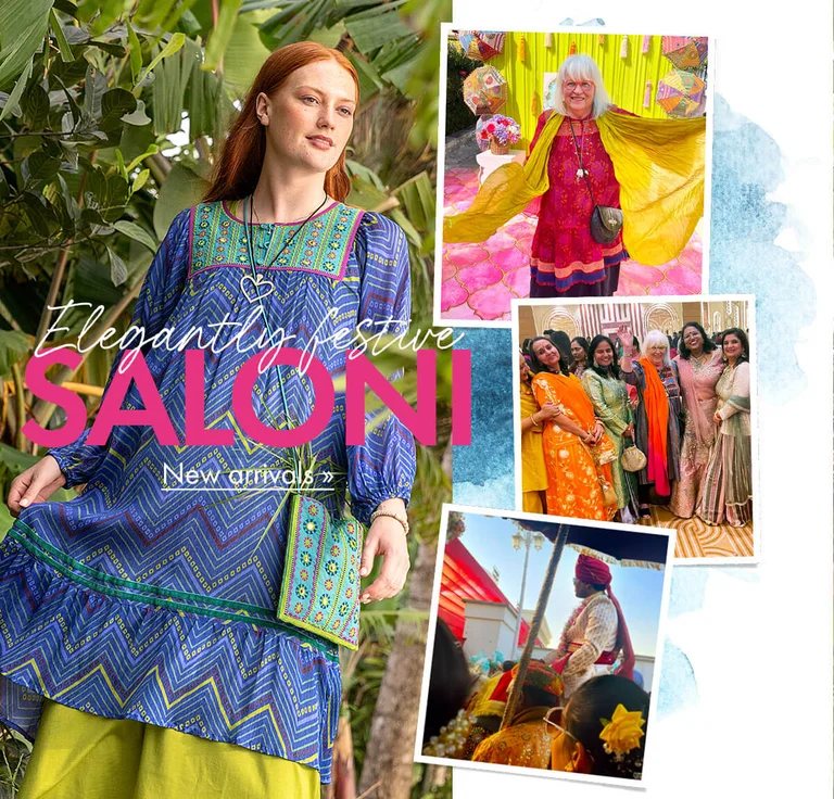 A collage of women wearing clothes from Gudrun Sjödén’s Spring Extra collection mixed with photos of Gudrun Sjödén in India.