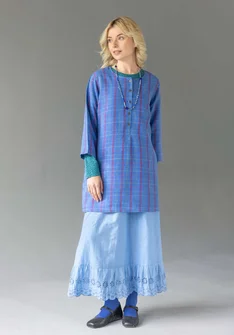 “Sylvi” check/solid-colour linen blouse - flax blue/checked