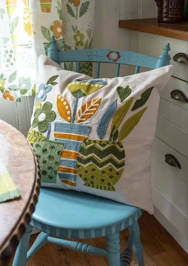 “Flower Pots” embroidered cushion cover in organic cotton