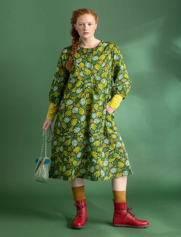 “Blossom” woven dress in organic cotton - dark green/patterned