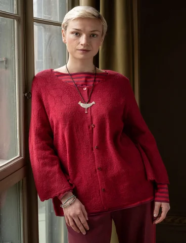 “Blomstra” pointelle cardigan in felted wool - cranberry