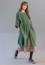 “Sylvi” striped/solid-colour, button-through linen dress - dark green