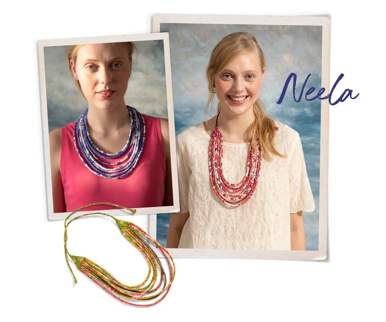 A collage with two photos of a woman wearing a large fabric necklace from Gudrun Sjödén. The image also includes a standout necklace and the word “Neela”.