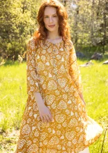 Vevd kjole «Hedda» i økologisk bomull - sennep/mønstret