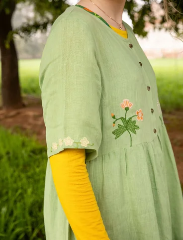 “Blombukett” woven dress in linen - gooseberry green
