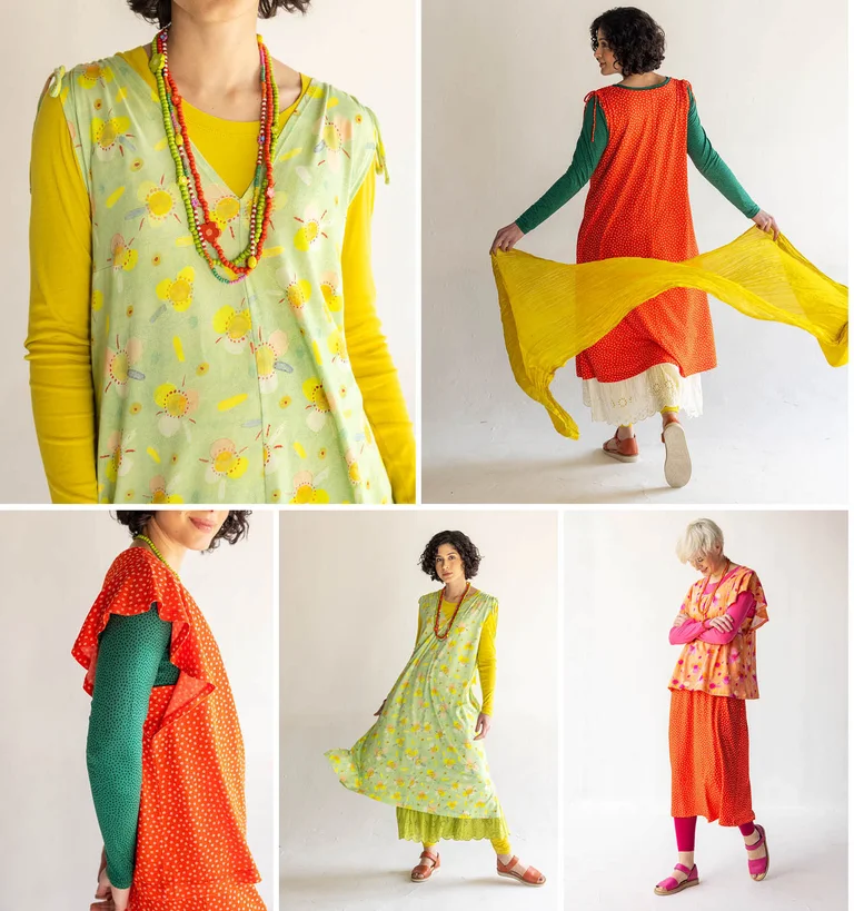 A collage of women wearing colourful clothes from Gudrun Sjödén.