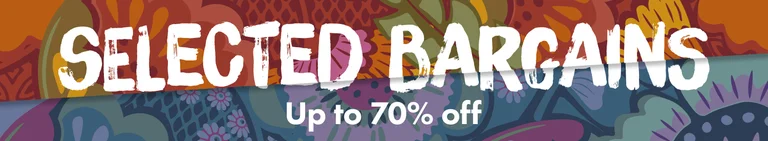 A graphic pattern in various colours with the words SELECTED SALE ITEMS up to 70% off in white.
