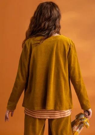 Velour cardigan in organic cotton/recycled polyester - curry