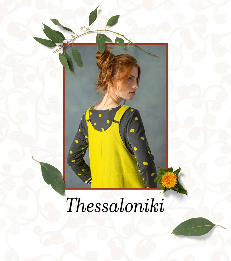 “Thessaloniki” woven overall-style dress in organic cotton/linen