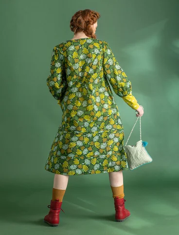 Vævet kjole "Blossom" i økologisk bomuld - mørkegrøn/mønstret