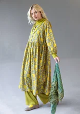 “Leah” floral/solid-colour, airy organic cotton dress - olive oil/patterned