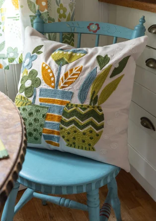 “Flower Pots” embroidered cushion cover in organic cotton - leaf green