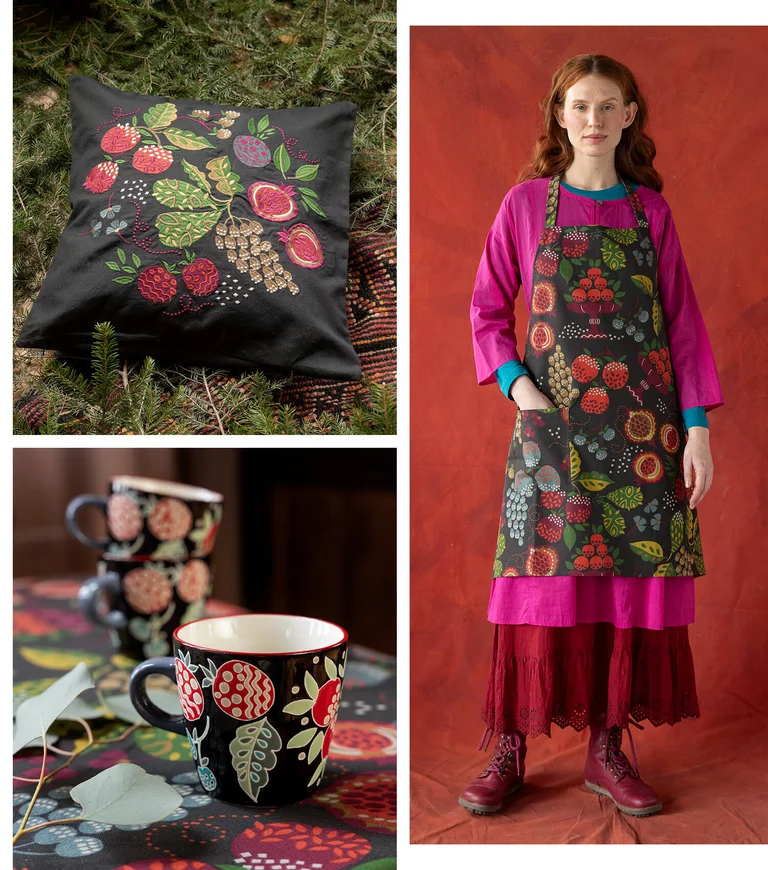 A collage of patterned ceramic pieces, a cushion cover and an apron from Gudrun Sjödén.